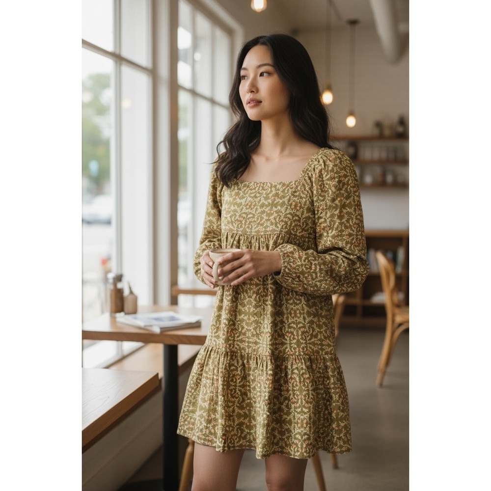 Universal Thread‎ XS Prairie Smocked Floral Long Sleeve Tiered Mini Dress NWT